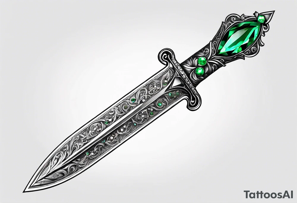 An athame dagger with the hilt turned upward and emerald gemstones tattoo idea