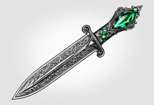 An athame dagger with the hilt turned upward and emerald gemstones tattoo idea