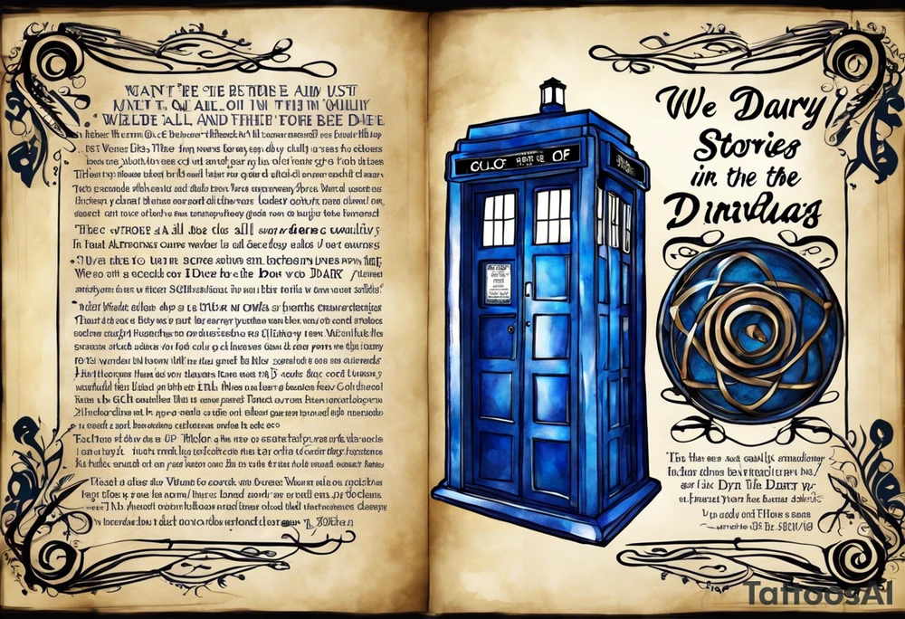 River songs diary from doctor who with the words "We're all stories in the end" I want just the TARDIS blue diary and those words in ribbons or something around the diary.  I want the diary to be closed. The diary has to be closed. tattoo idea