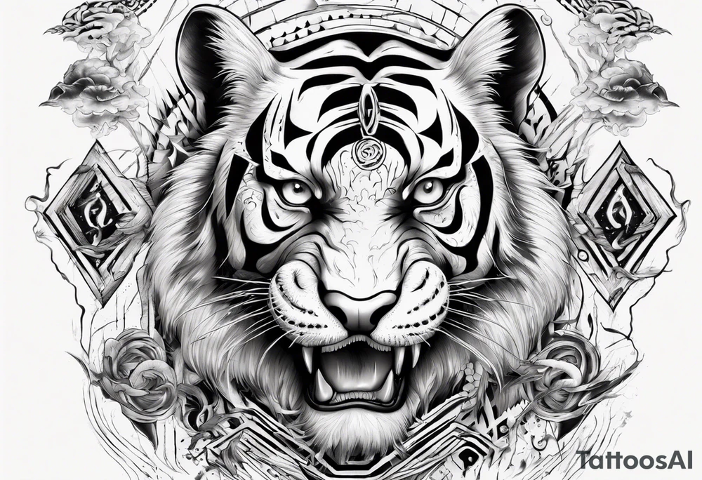 Ancient tiger with lightning and a sun for a forearm sleeve. With patterns surrounding it tattoo idea