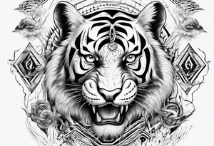 Ancient tiger with lightning and a sun for a forearm sleeve. With patterns surrounding it tattoo idea