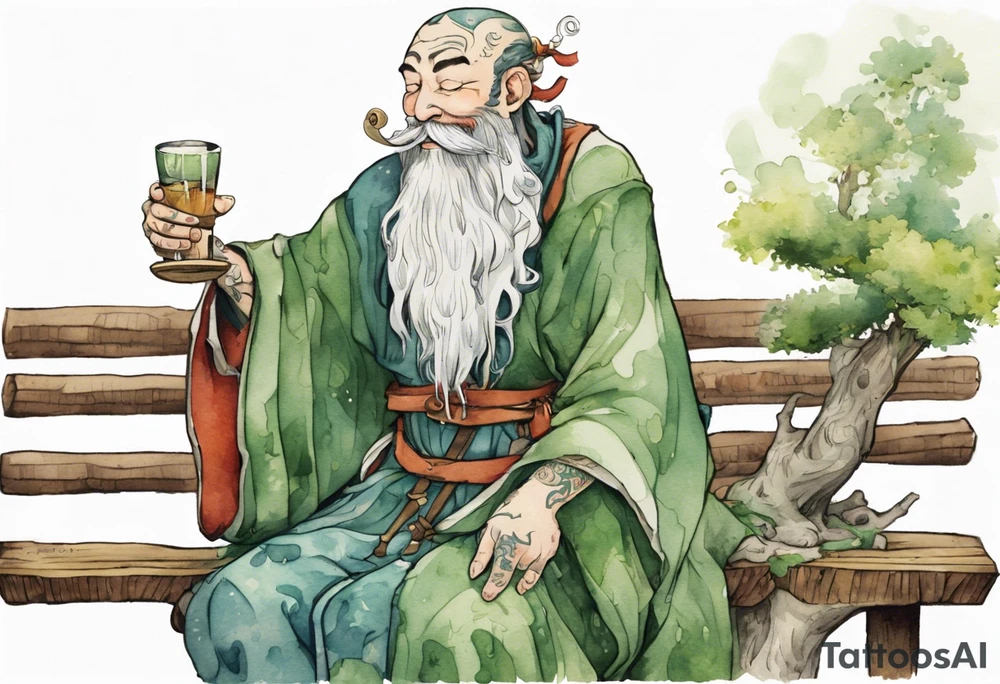 kinopio with a long moss beard wearing a medieval tunic drinking from a wood cup, sitting on a bench laughing tattoo idea