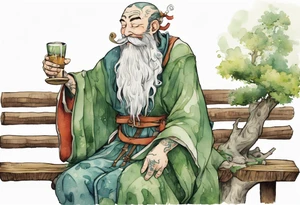 kinopio with a long moss beard wearing a medieval tunic drinking from a wood cup, sitting on a bench laughing tattoo idea