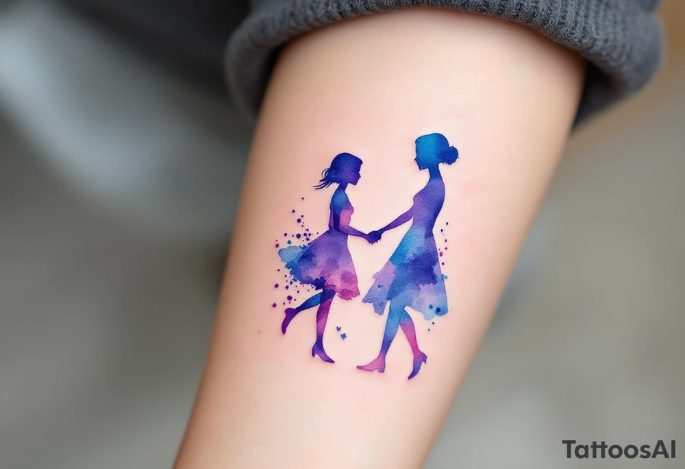 A watercolor-style silhouette of a mother holding her daughter’s hand, in soft pastel purples and blues. tattoo idea