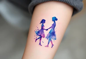 A watercolor-style silhouette of a mother holding her daughter’s hand, in soft pastel purples and blues. tattoo idea