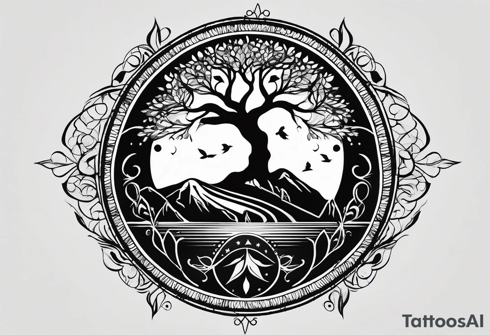 Create me a tattoo only in black with thin lines with a tree of life in the middle, a compass above with GPS coordinates, three little birds from the music "three little birds" by Bob Marley. tattoo idea