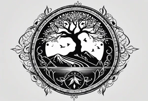 Create me a tattoo only in black with thin lines with a tree of life in the middle, a compass above with GPS coordinates, three little birds from the music "three little birds" by Bob Marley. tattoo idea