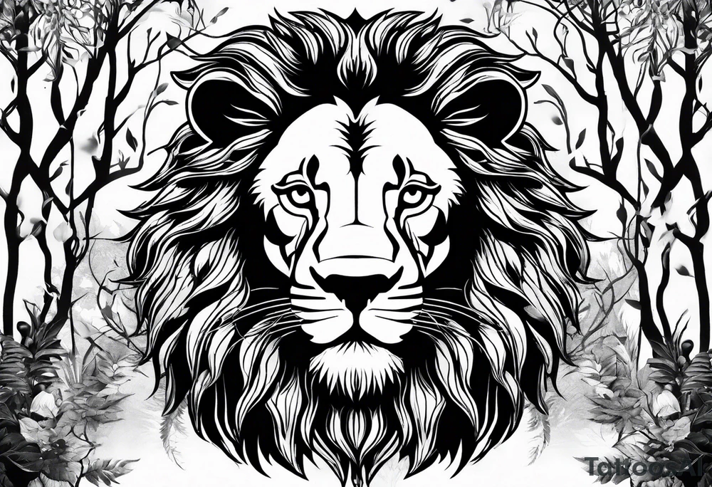 realistic lions face transposed into a dark forest tattoo idea
