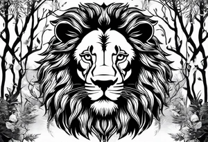 realistic lions face transposed into a dark forest tattoo idea