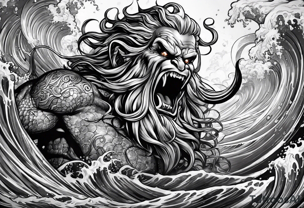 Kraken attacking Poseidon thrusting trident tattoo idea