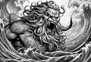 Kraken attacking Poseidon thrusting trident tattoo idea