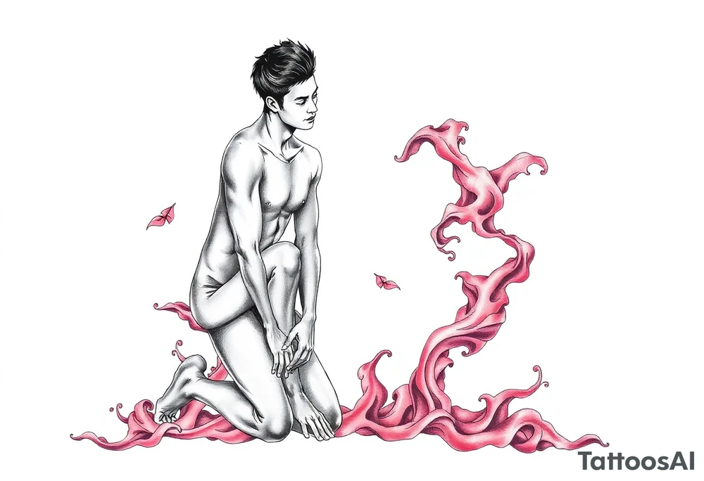 Handsome Asian young guy is standing on his knees and looking down tattoo idea