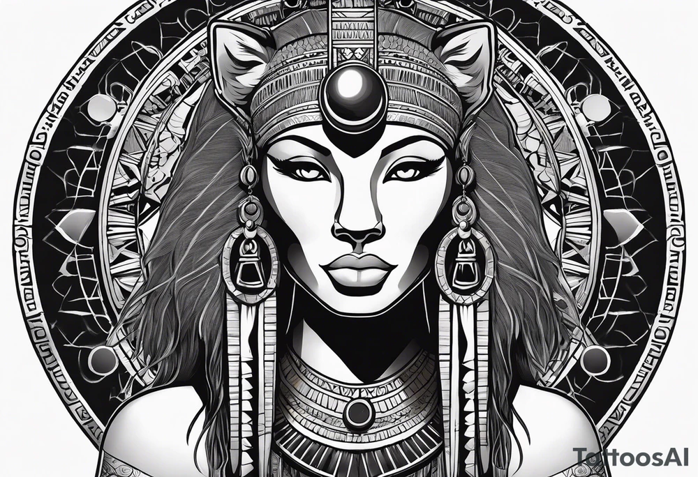 Ancient Egyptian goddess sekhmet, lioness head with black sun disk behind and woman's body. She looks straight ahead and ready for battle looking fearless and powerful holding an ankh in one hand and a papyrus sceptre in another, she has long hair flowing tattoo idea