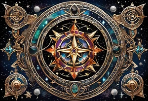 Matter, energy, space and time with an old stone theta symbol with stars in the background and Scorpio constellation tattoo idea