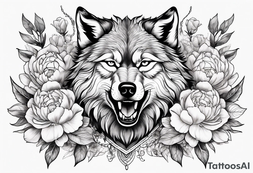 Fighting wolf with whole body of wolf with peonies tattoo idea