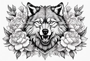 Fighting wolf with whole body of wolf with peonies tattoo idea
