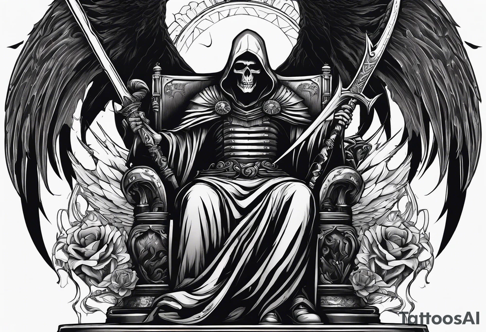 The grim reaper on a large throne of bones .

Holding a giant scythe in one hand and desert eagle in the other .

Next to the throne is a cerebus

Powerful demon commander faces a powerful angel commander in the centre of the tattoo idea