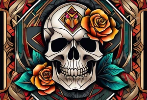 neo traditional Knee tattoo in fall colors showing a large skull with a rose in the style of Mark Mahoney tattoo idea