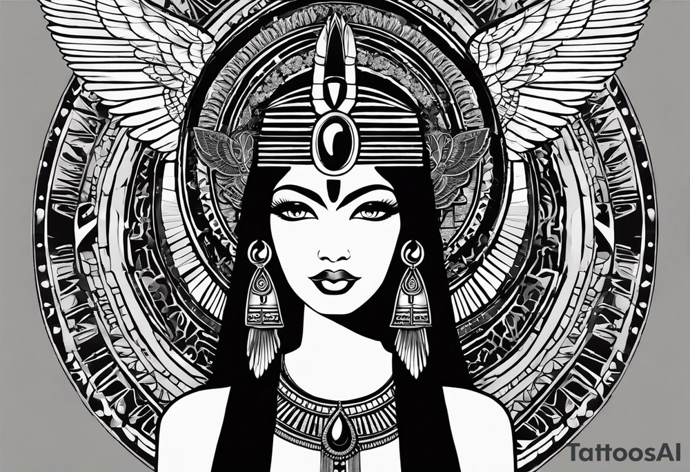 black and white Egyptian goddess Isis, who is often depicted as a woman with outstretched wings, holding an ankh (a symbol of life) in one hand and a lotus flower in the other. Her headdress often includes a throne or a solar disk. The tattoo design can vary in style and size, but it typically aims to capture the essence of this revered Egyptian deity, emphasizing her beauty, power, and maternal qualities. The choice of colors and additional elements can also be customized to create a unique and visually striking representation of the goddess Isis tattoo idea