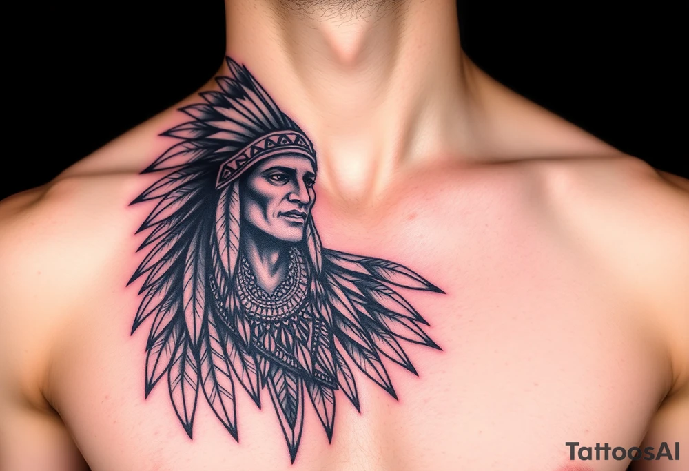 Indian warrior black and red on left chest male tattoo idea