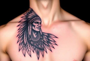 Indian warrior black and red on left chest male tattoo idea