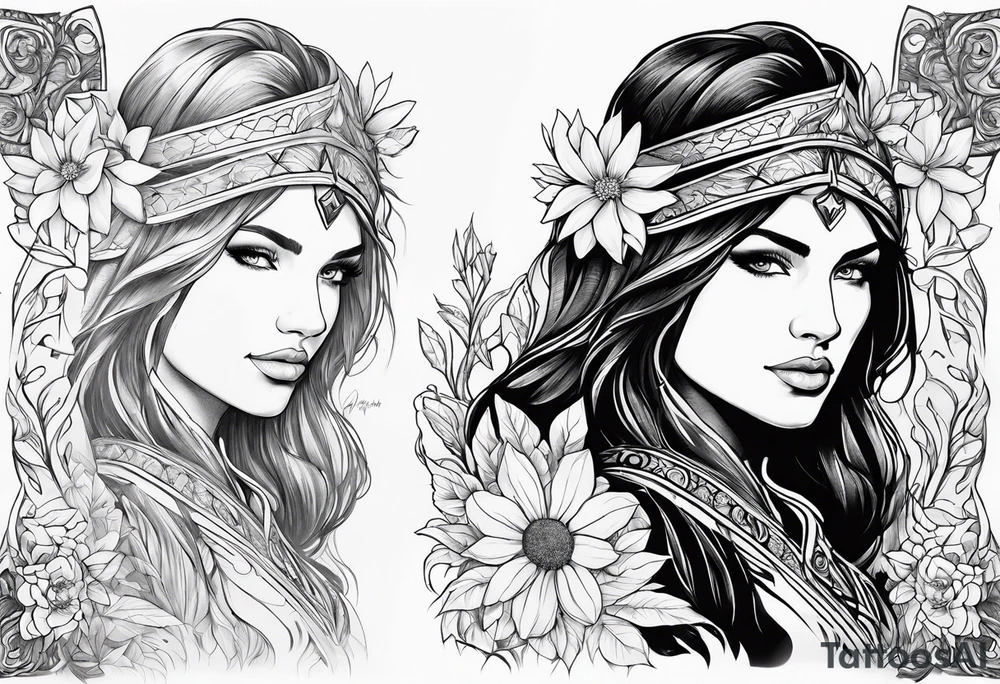 Warrior princess Valkarie and wildflowers half sleeve tattoo idea