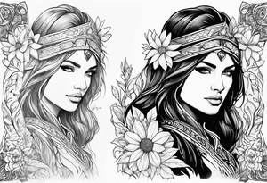 Warrior princess Valkarie and wildflowers half sleeve tattoo idea