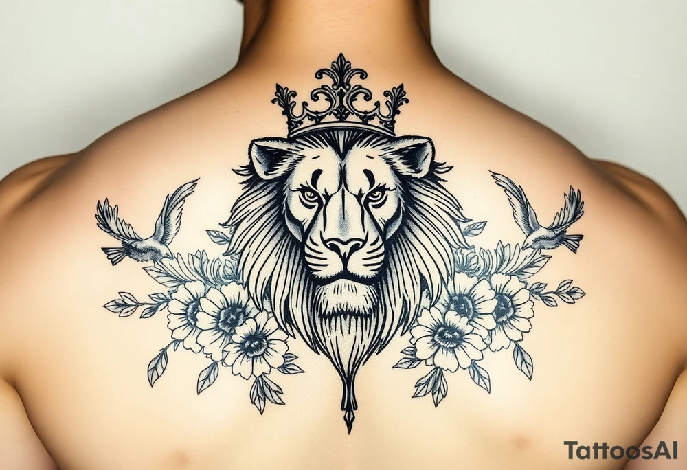 powerful majestic lion with a crown, surrounded by floral ornaments and birds tattoo idea