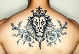 powerful majestic lion with a crown, surrounded by floral ornaments and birds tattoo idea