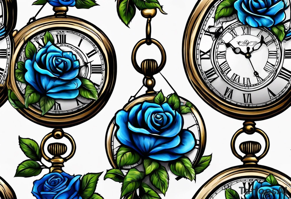 Pocket clock with blue roses tattoo idea
