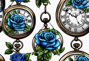 Pocket clock with blue roses tattoo idea