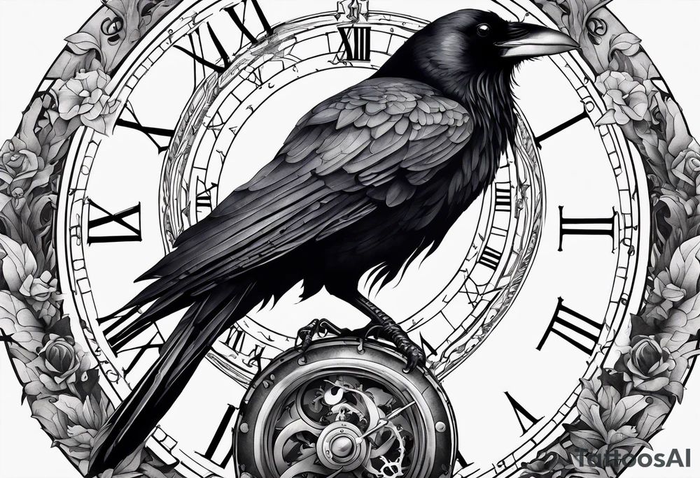 Raven sitting on a clockwork tattoo idea