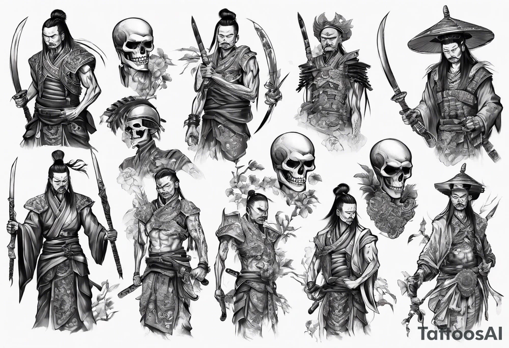 handsome Asian warrior who is also a skeleton tattoo idea