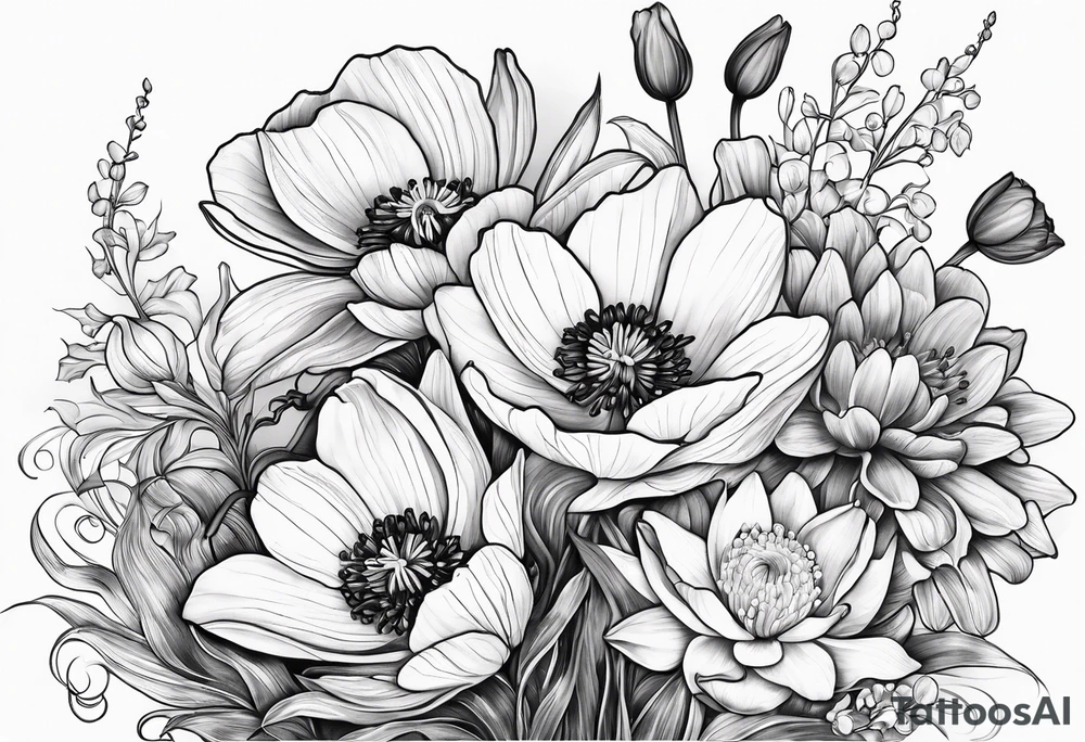 Poppy, water lily, Lily of the valley, daffodil, cosmo flower bouquet tattoo idea