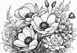 Poppy, water lily, Lily of the valley, daffodil, cosmo flower bouquet tattoo idea