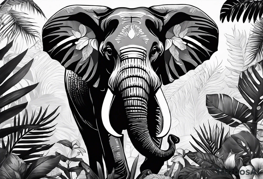 “A majestic elephant with its trunk raised, surrounded by tropical foliage, symbolizing memory and strength tattoo idea