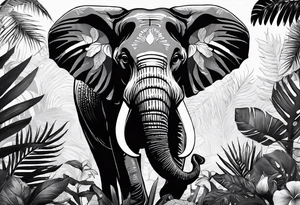 “A majestic elephant with its trunk raised, surrounded by tropical foliage, symbolizing memory and strength tattoo idea