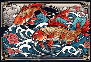Japanese with karp koi in fond, demon and samouraï first plan with nuage 
Put à samouraï in fiesta plan tattoo idea