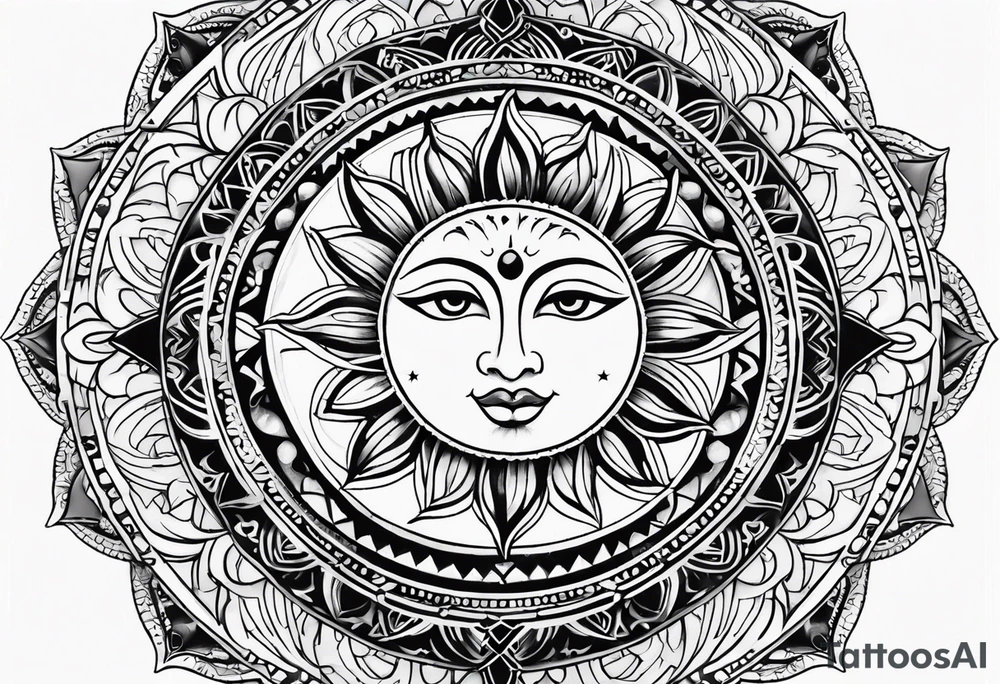 Sun and moon inside a mandala tattoo idea