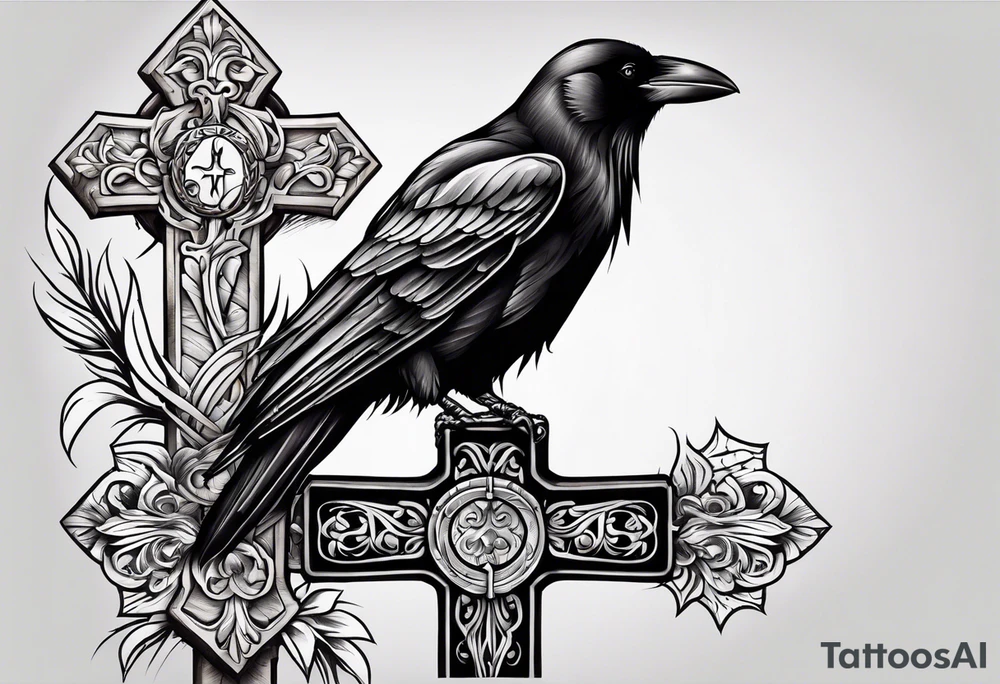 Crow resting a wooden cross tattoo idea