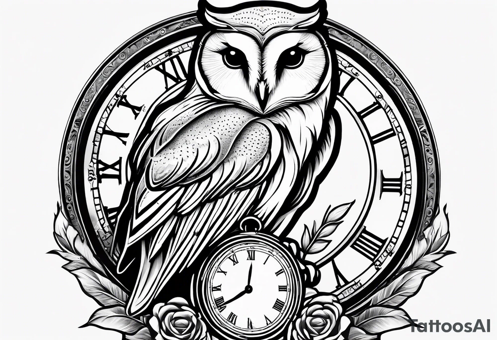 Barn owl holding a pocket watch with the time set at 1:43 tattoo idea