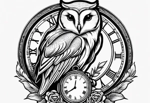 Barn owl holding a pocket watch with the time set at 1:43 tattoo idea