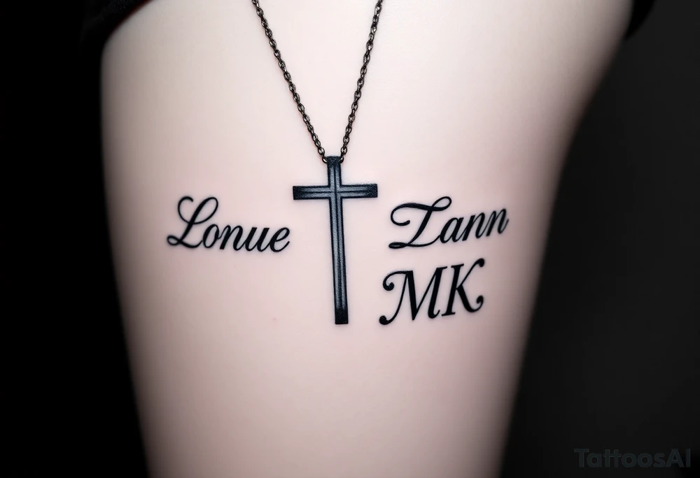 Cross with necklace on leg with initial MK tattoo idea