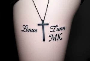 Cross with necklace on leg with initial MK tattoo idea