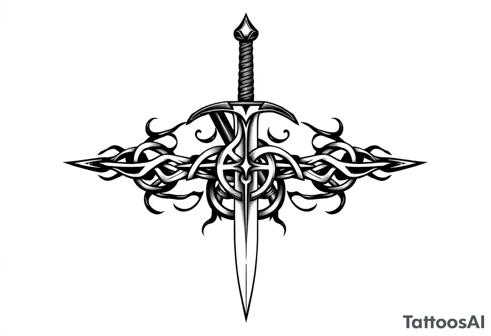 a single sword with an overgrown Celtic knot band infused with roots tattoo idea