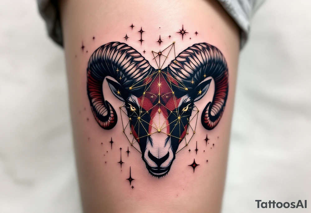 A vibrant Aries zodiac tattoo features the Aries star constellation in gold lines with a fierce ram silhouette in maroon. tattoo idea