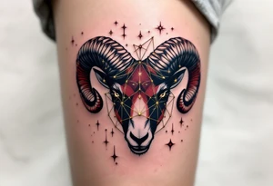 A vibrant Aries zodiac tattoo features the Aries star constellation in gold lines with a fierce ram silhouette in maroon. tattoo idea
