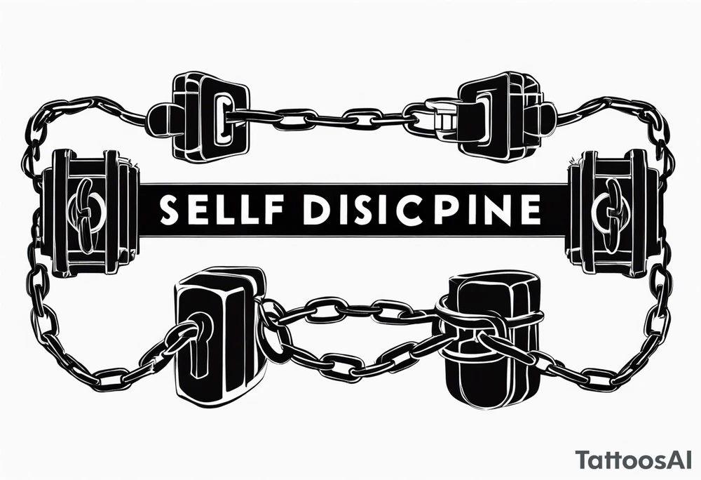 Tattoo of the word 'Self discipline' tied on both ends with metal chains and connected in the middle with a lock tattoo idea