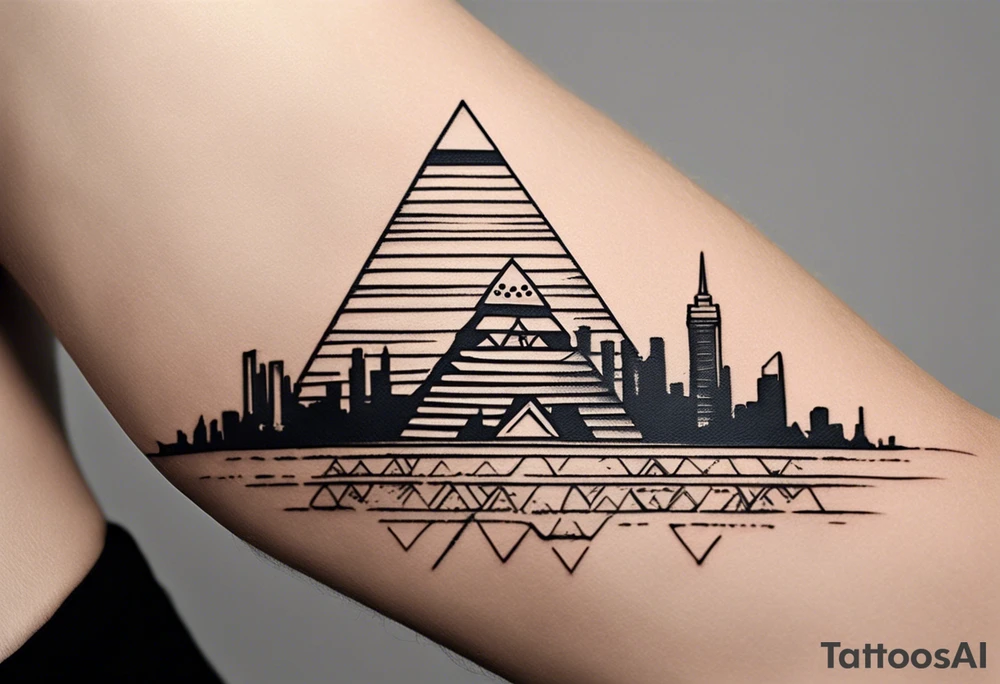 "Design a minimalist yet meaningful tattoo featuring a subtle fusion of the Pyramids of Giza and the Manhattan skyline. Opt for clean lines and essential elements, such as the silhouettes of the pyramids integrated with key skyscrapers. Consider a monochromatic color scheme to maintain simplicity, and choose a compact size for an understated yet impactful representation of your Egyptian and New York connections tattoo idea