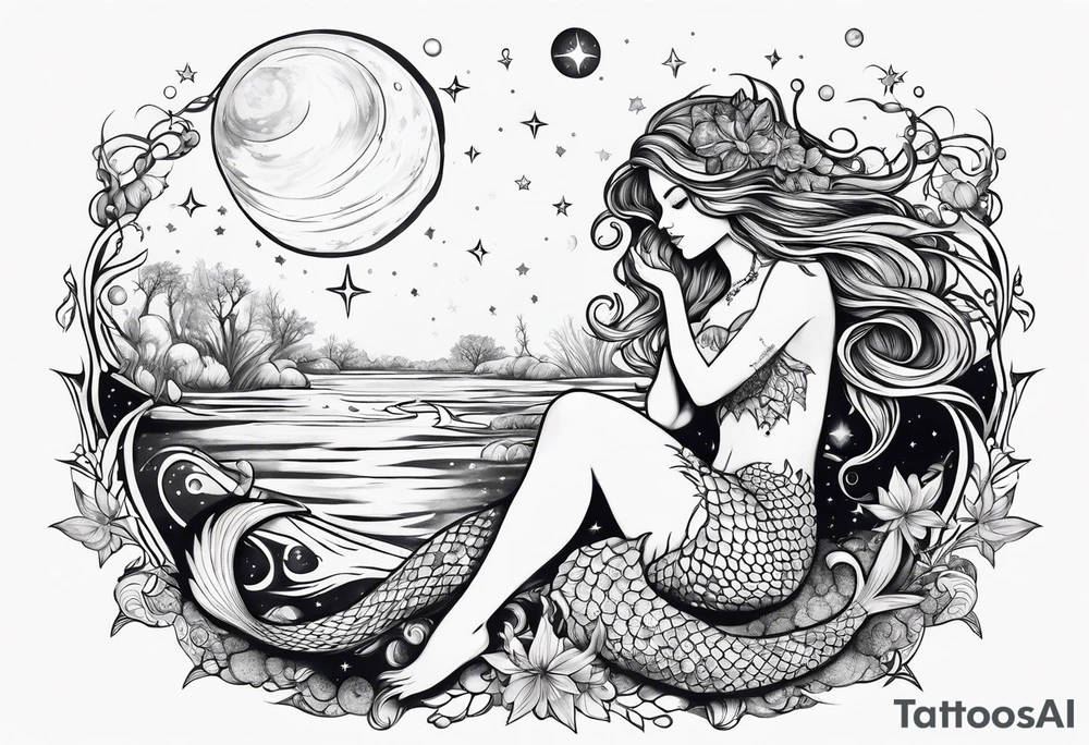 Swamp mermaid under stars and planets tattoo idea